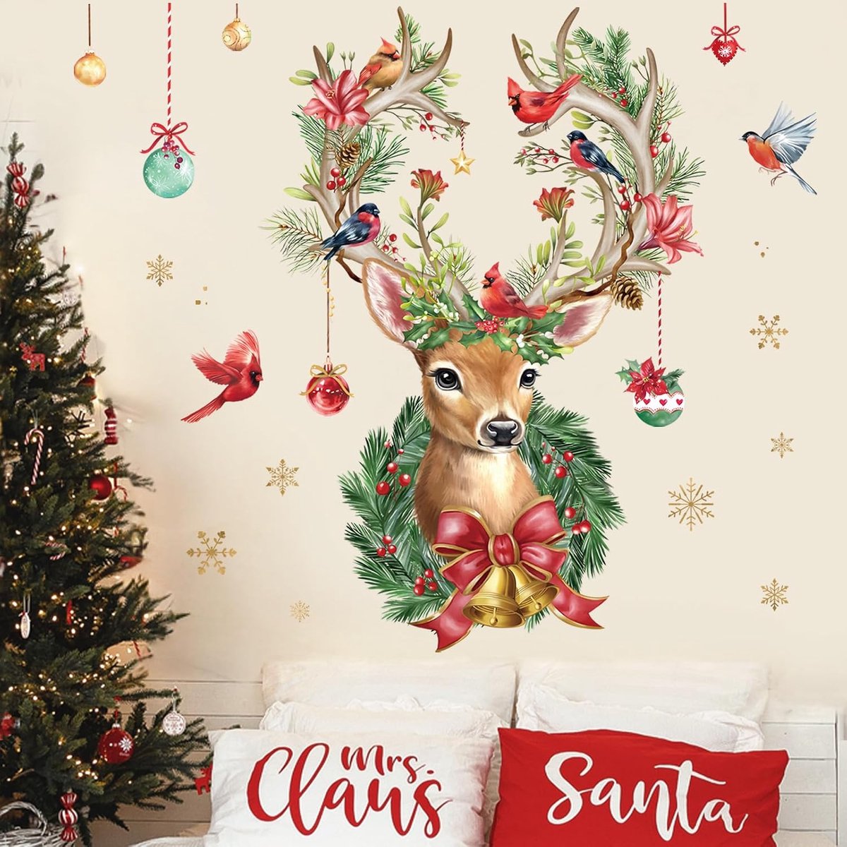 SnelShoppen - Grote Kerst Wandstickers Hert en Kardinaal Vogel voor Kerstvenster Decoratie, Zelfklevend PVC, Waterdicht, Perfect voor Kerstfeest en Th