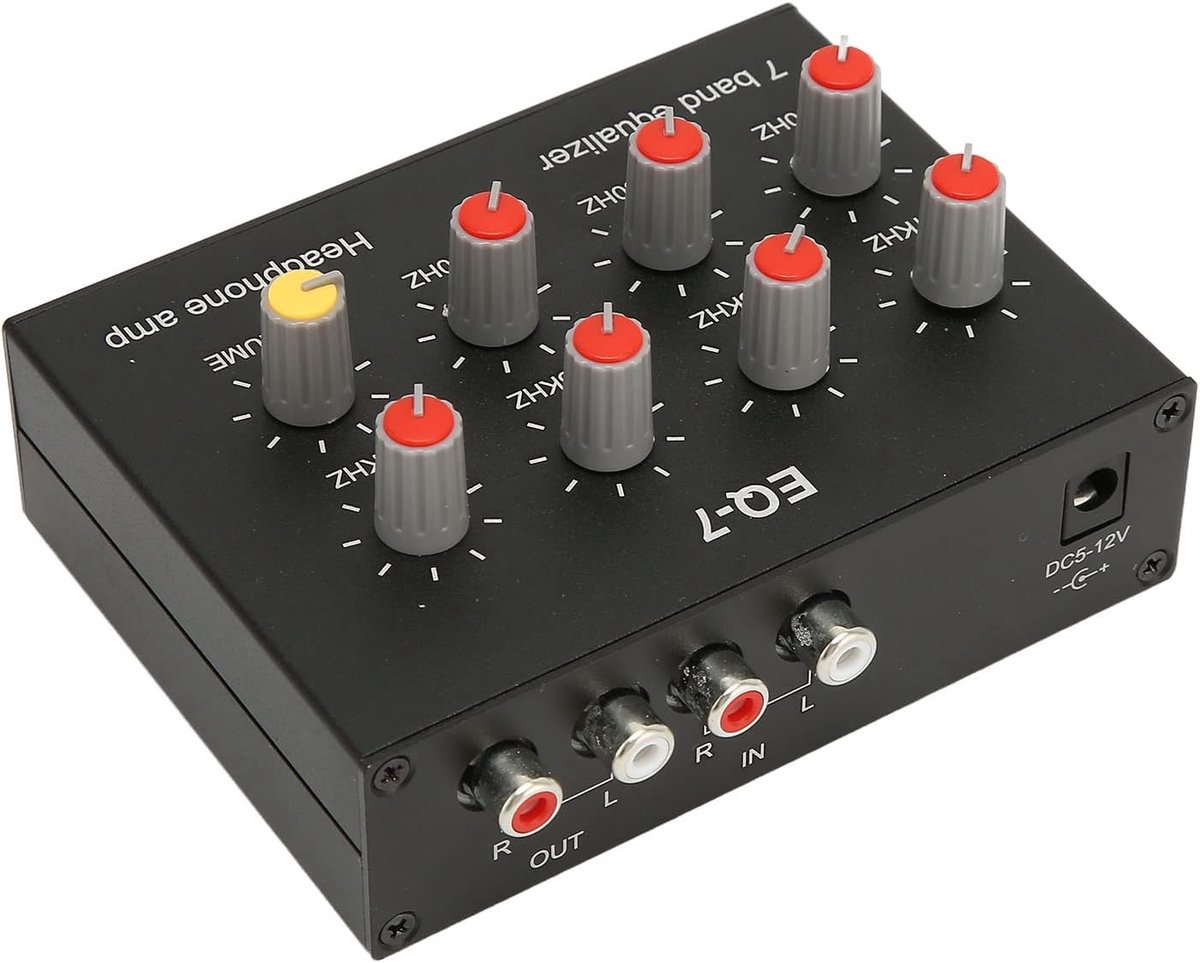 SnelShoppen - 7 Band Auto Audio Equalizer, 3.5mm Invoer en Uitvoer, 12dB Hoge Bass Aanpassing, Dubbel Kanaal Digitale Equalizer van Aluminium