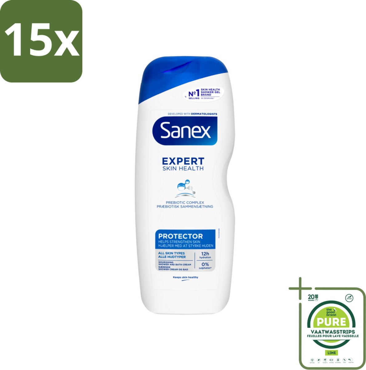 15 x Sanex – Douchegel – Expert Skin Health Protector – 600 ml - Grootverpakking - Huidversterkend - Huidbarrière - Hydratatie - Pre- En Postbiotica - Gezond Huidmicrobioom
