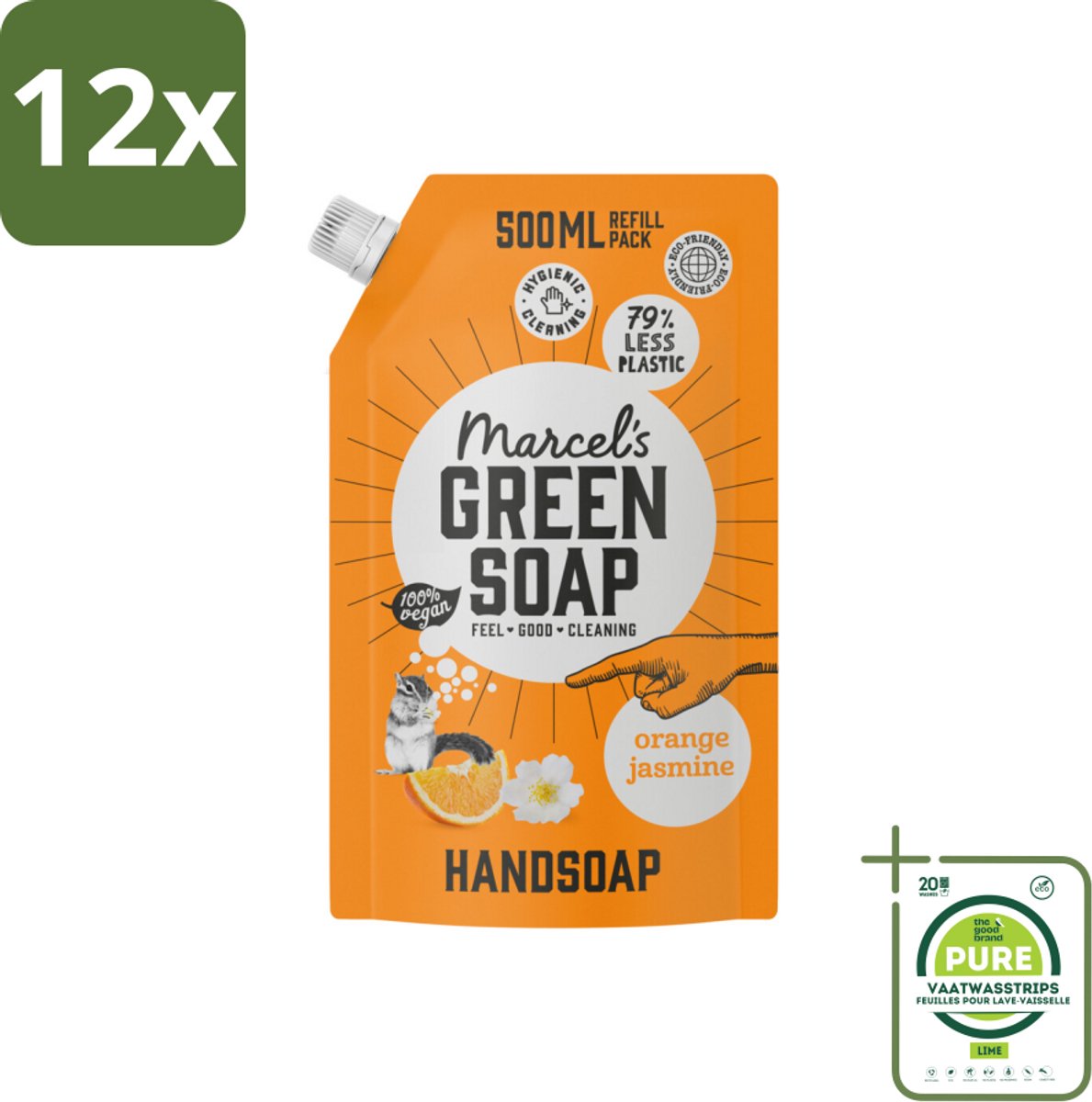 Marcel’s Green Soap – Handzeep Navulling – Sinaasappel & Jasmijn – 500 ml - Voordeelverpakking - 12 stuks - Handzeep - Sinaasappel