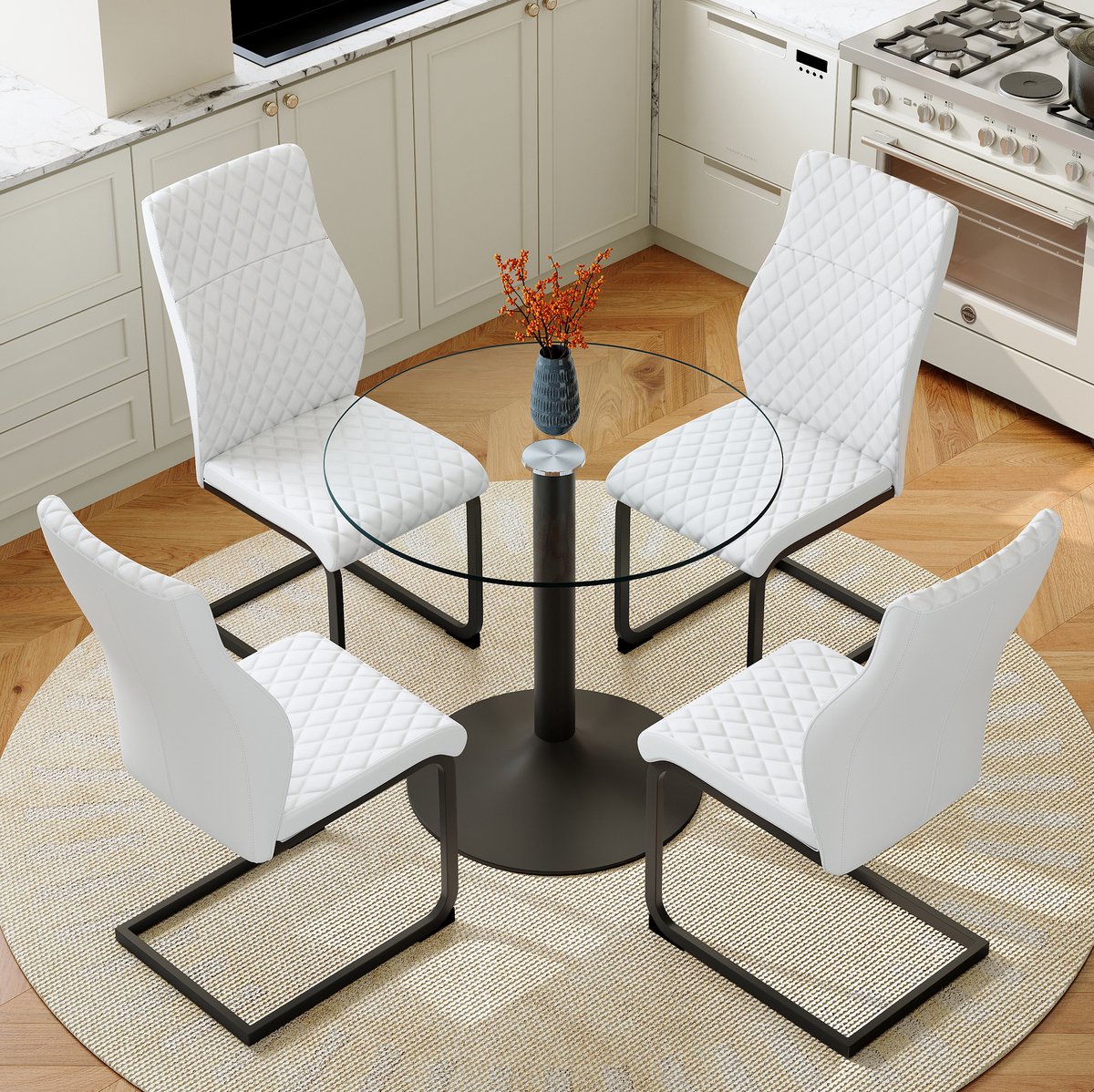 REDOM - Eettafel- en stoelenset - Ronde glazen eettafel met 4 eetstoelen - Hoog rugleuning - Diamantstiksel - Industrieel - Eetkamer - Metaal - Zwart, Transparant, Wit - 85 x 85 x 76 cm