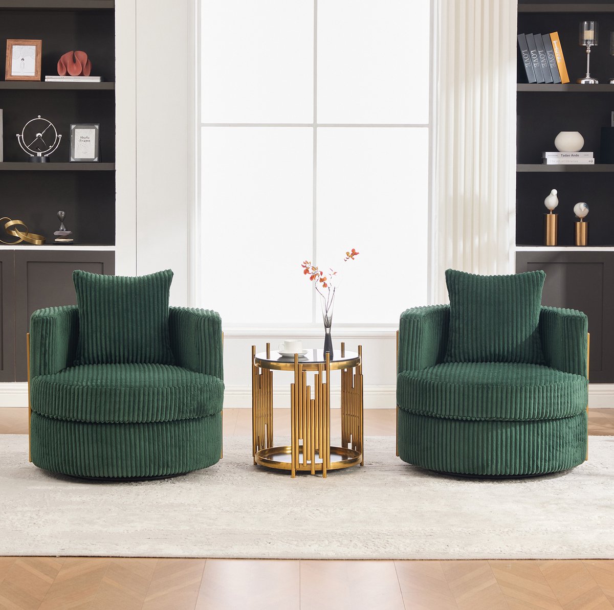 MEUNIQ 360° draaibare fauteuil van cord, met armleuningen en opbergruimte onder de zitting, voor slaapkamer en woonkamer, groen Emerald