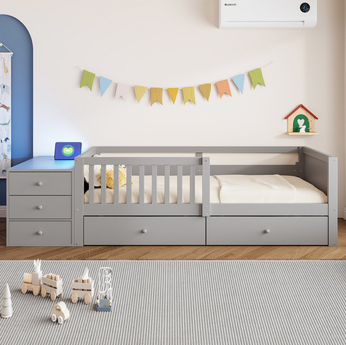 MIVRAY Halfhoogslaper 90x200 cm - Kinderbed Zonder Matras Met Opbergruimte En Ledverlichting - Met Lade En Stekkerdoos - Hout Metaal - Grijs
