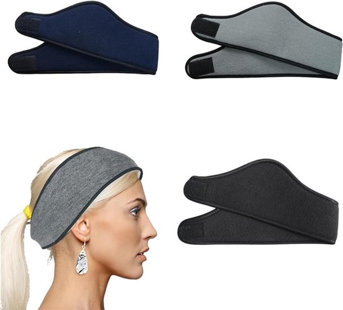 Set van 3 Thermische Sporthoofdbanden voor Winteractiviteiten - Oorwarmers voor Fietsen, Hardlopen en Yoga in Zwart, Marineblauw en Donkergrijs