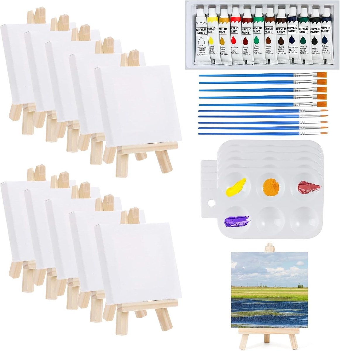 Mini-Canvas Schilderset - Wit - 10 x 10 cm - Inclusief Mini-Ezel en 12 Kleurige Acrylverven - Voor Kunstenaars en Hobbyisten