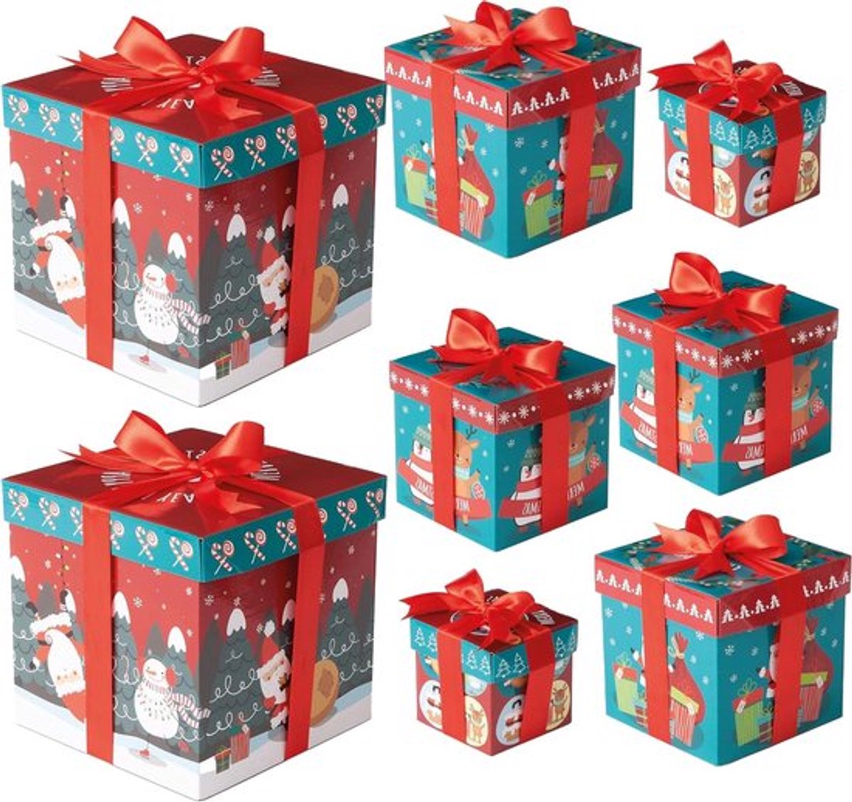 8 Kerstcadeau Dozen met linten - Herbruikbare geschenkdozen in 4 maten voor diverse gelegenheden