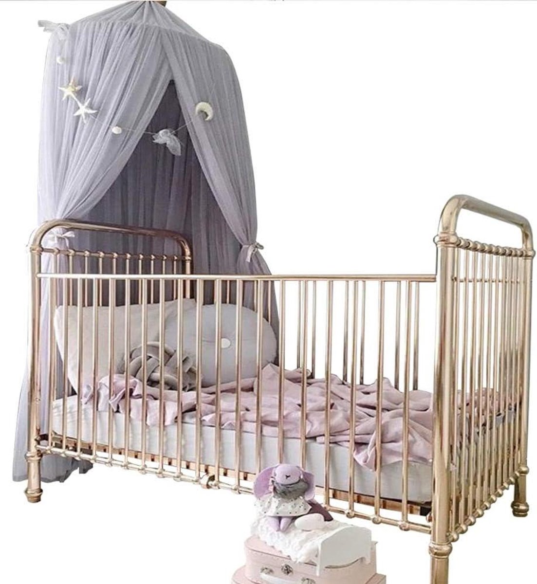 Kinderbed Klamboe - Muggennet Babykamer - Babykamer Decoratie - Ademend Zacht Gaas - 60 x 240 cm - Grijs Roze Wit