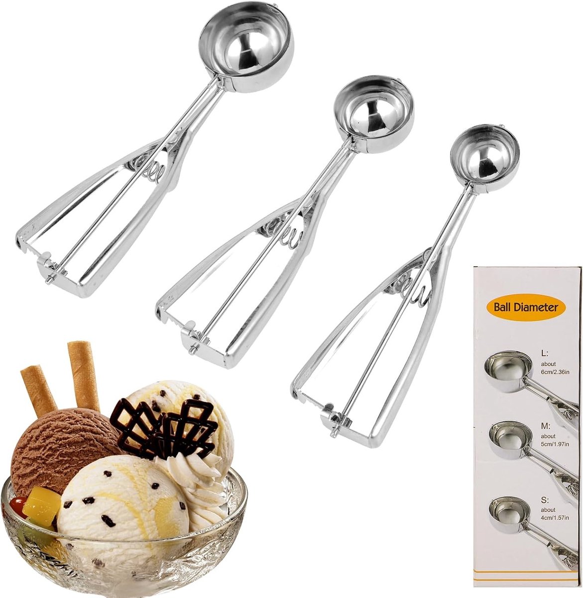 IJslepel Set van 3 - RVS - 4 cm/5 cm/6 cm - Robuust en Ergonomisch Ontwerp - Voor IJs, Fruit en Gebak