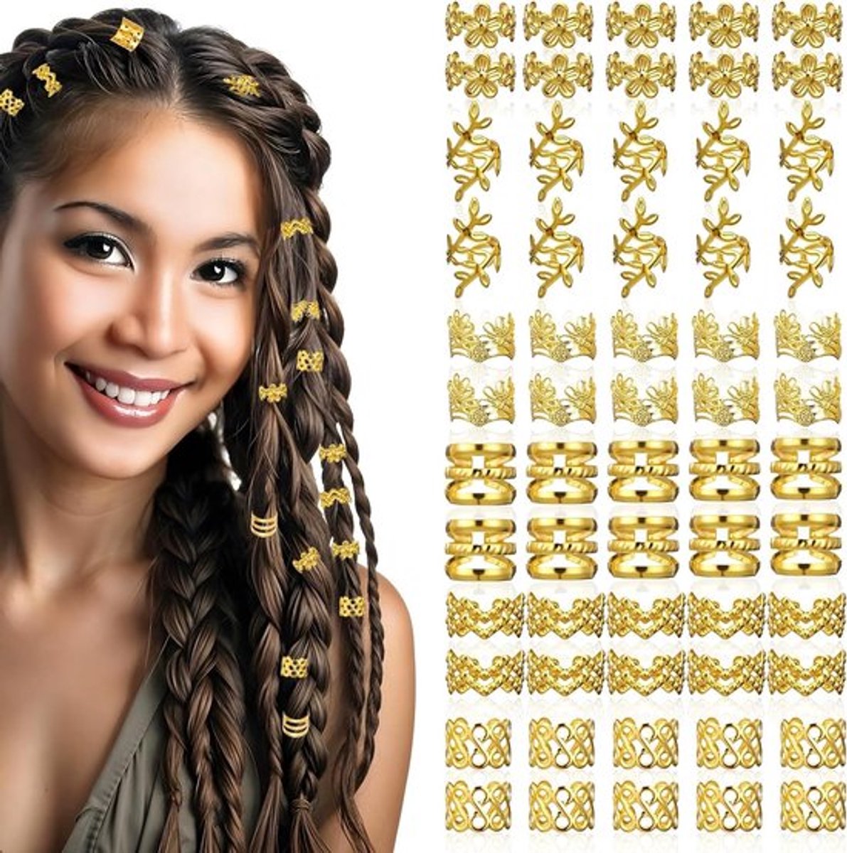 60 Stuks Gouden Haaraccessoires voor Dreadlocks en Vlechten - Verstelbare Haarringen en Sieraden voor Festivals en Piraten Thema's