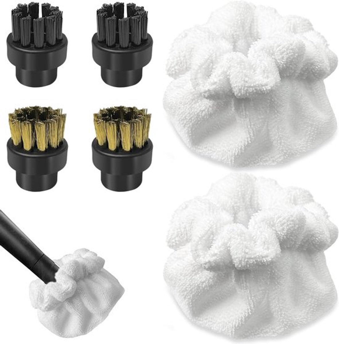 Set van 6 accessoires voor stoomreinigers, ronde borstels, zwarte koperen borstel, stoffen hoes voor driehoekige borstel en microvezeldoeken voor optimale reiniging