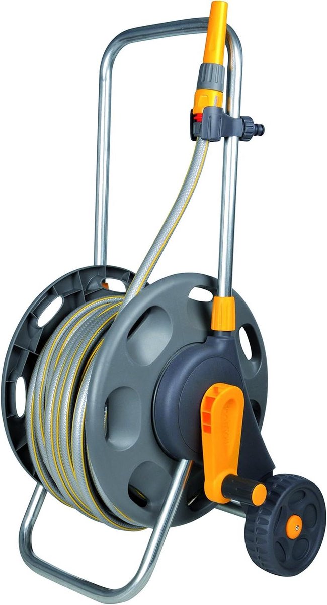 Slanghaspel Trolley - Waterslanghouder - Tuin Water Geven - Stabiel Laag Zwaartepunt - Tot 60 Meter - Grijs Geel