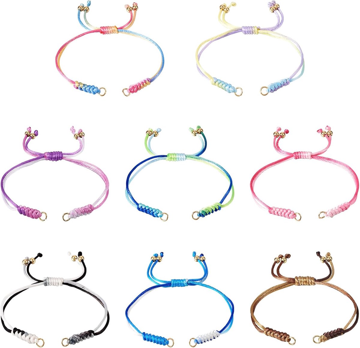 SnelShoppen - 8 Stuks Verstelbare Nylon Gevlochten Koordarmbanden met Onvoltooide Knoopjes en Open D-ring voor Pols Enkelbandje Sieraden Maken in 8 Kl