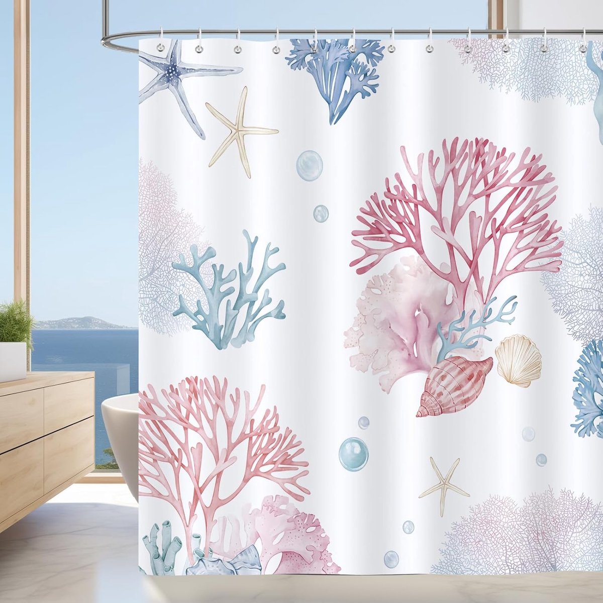 SnelShoppen - Douchegordijn Coral Nautisch Thema Roze Blauw 180x180cm Waterdicht Schimmelbestendig Polyester Met 12 Haakjes
