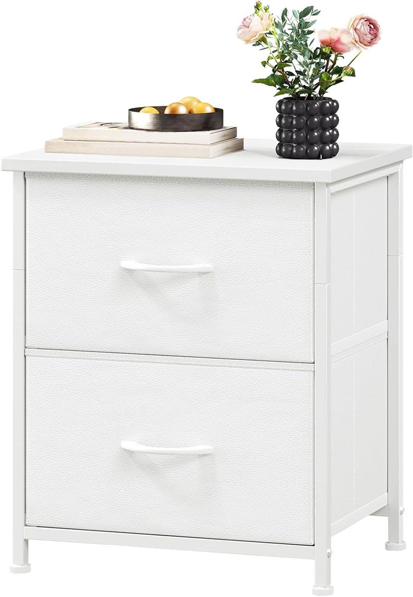 Nachtkastje Met Lades - Sidetable Opbergkast - Organiseren Slaapkamer - Stalen Frame - 50 cm Hoog - Wit Leer
