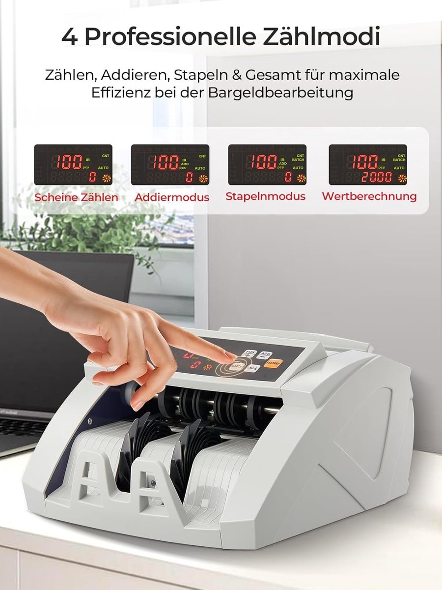 Geld Telmachine - Bankbiljet Teller - Efficiënt Geld Verwerken - Meervoudige Detectie - 1100 Biljetten/Minuut - Wit