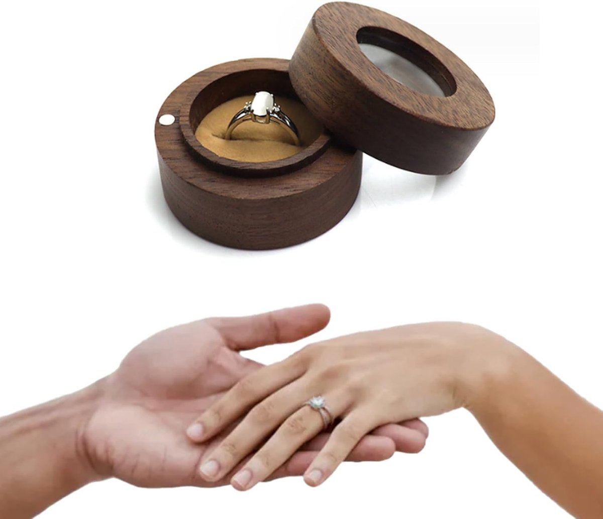 SnelShoppen - Houten Ringdoos Walnoot, Ringen Opbergdoos, Trouwringen Box, Voor Verlovingsringen, Valentijnsdag, Velvet Binnenvoering, Transparant Dek