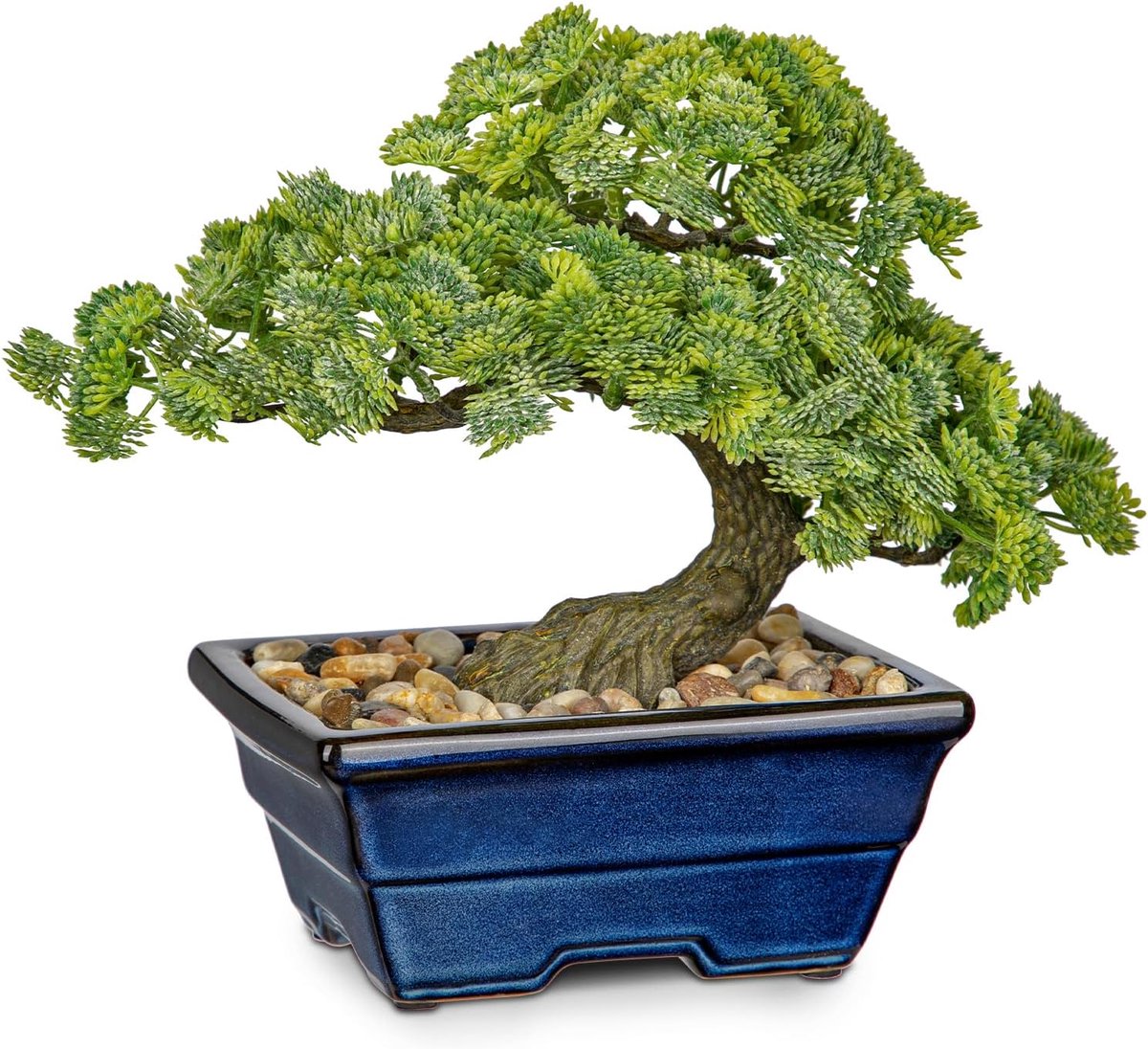 SnelShoppen - Bonsai Boom Kunstplant Juniper Miniatuur Planten met Blauw Keramiek Pot voor Thuis Bureau Badkamer Slaapkamer Woonkamer Boerderij Decora
