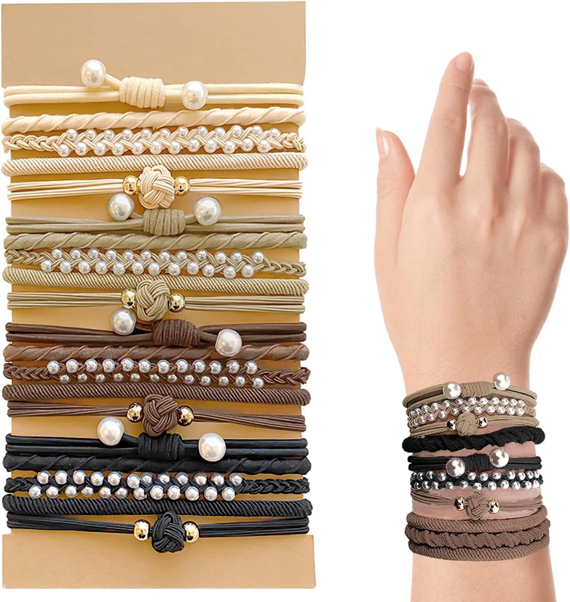 SnelShoppen - Set van 20 Bohemian Haarbandjes, Boho Haar Scrunchies voor Vrouwen en Meisjes, Elastische Ponytail Houders met Parels, Geschikt voor Dun