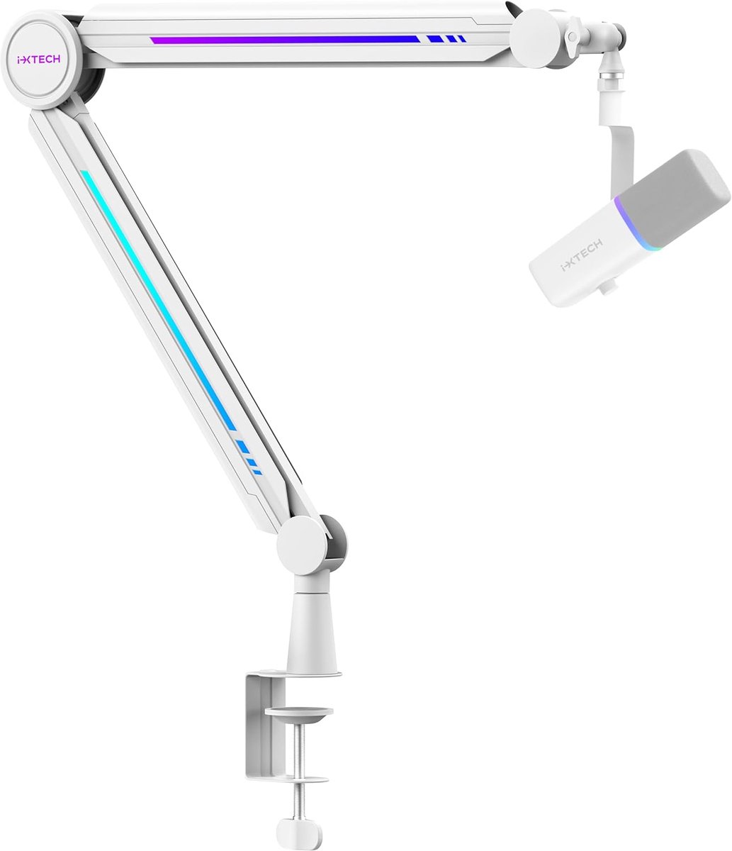 SnelShoppen - IXTECH RGB Boom Arm Hoog Profiel, Verstelbare Microfoon Stand met Bureau Mount voor Live Streaming, Gaming, Podcasten, Professioneel en