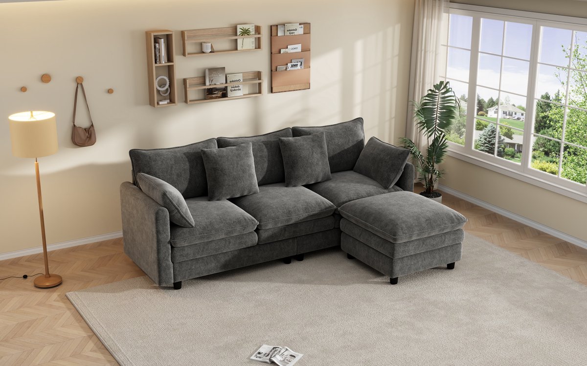 MIVRAY Hoekbank 212 x 150 x 90 cm - L-Vormig Met Verplaatsbare Chaise Longue En 4 Sierkussens - Voor Woonkamer En Kantoor - Chenille Grijs