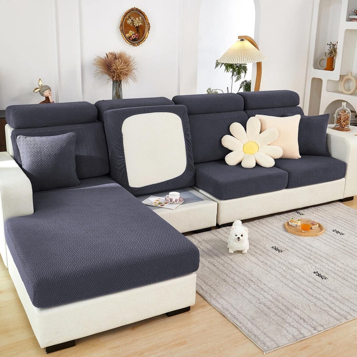 Sofa Zitkussenhoezen voor 2-zitsbank - Stretch Bekleding, Vervangende Hoes en Meubelbeschermer in Donkergrijs Weefpatroon