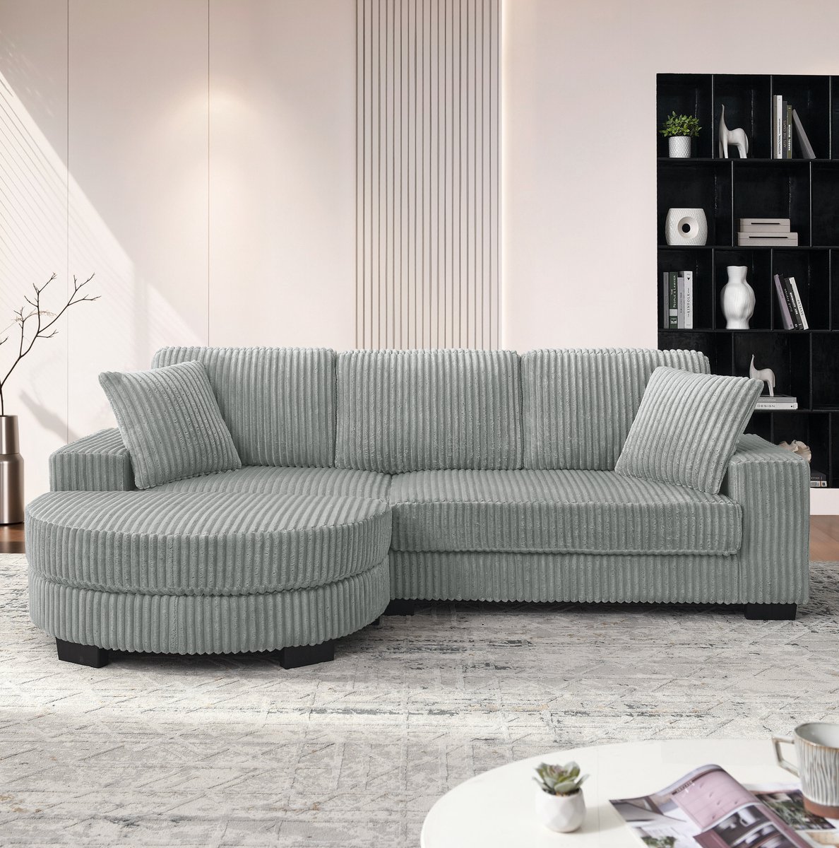 MEUNIQ L-vormige hoekbank 4-zits 256,5 x 133,5 x 89 cm met verplaatsbare hocker, 2 kussens en ribstof, voor woonkamer, appartement of kantoor, grijs