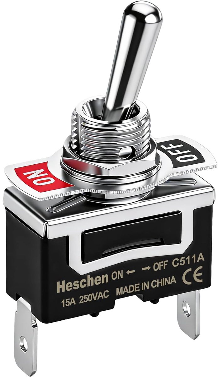 SnelShoppen - Heschen Toggle Switch Metalen Schakelaar C511A, SPST, Continu Licht, Aan/Uit 15A 250VAC, 2 Platte Stekkers, CE, 12mm Montagegat