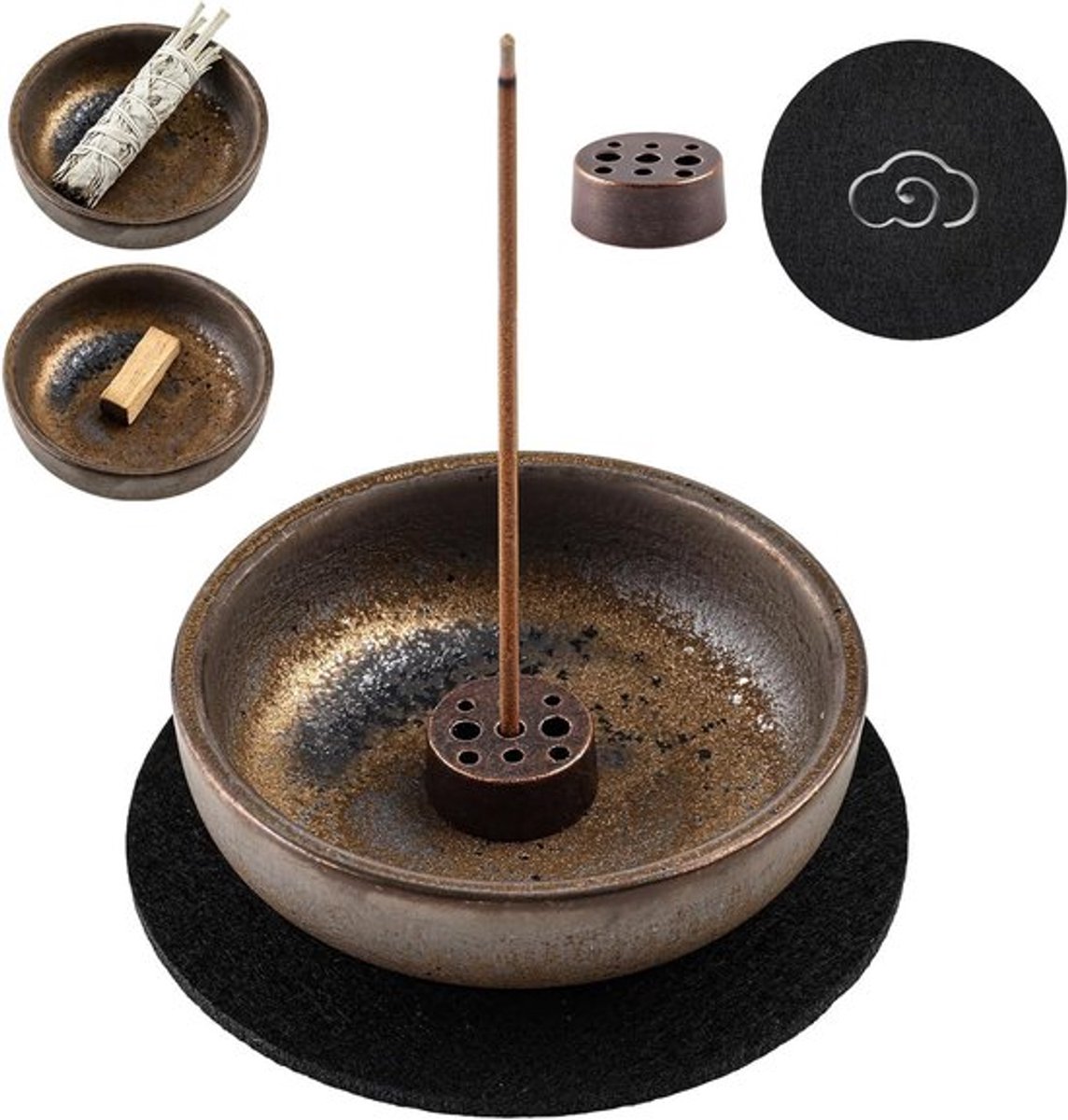 Ronde keramische wierookhouder van 7,5 cm met messing standaard voor aromatherapie en meditatie, ideaal voor yoga en ontspanning