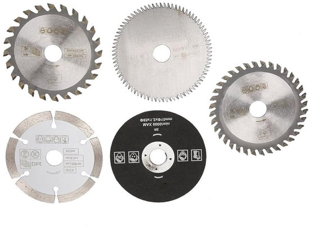 5-delige cirkelzaagblad set voor precisie snijden, met 24 tanden TCT, 36 tanden voor kunststof, 80 tanden HSS, diamant en hars, 85 mm binnen diameter, 15 mm as