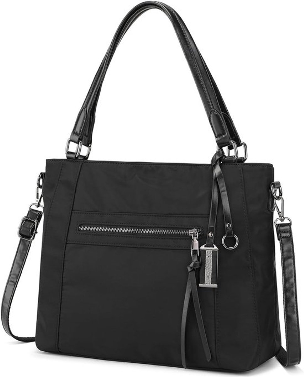Vrouwelijke Nylon Handtas met Verwijderbare Schouderband - Medium Shopper en Crossbody Tote met Ritsvak in Zwart