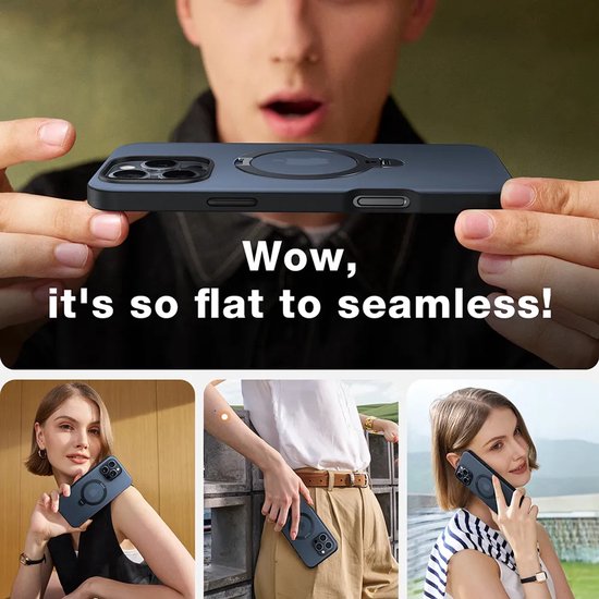 Een persoon houdt een platte, donkerblauwe telefoonhoes omhoog.