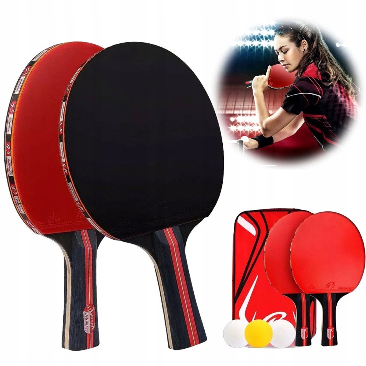 Pingpongtafeltennisset: 2 batjes, bal en koffer