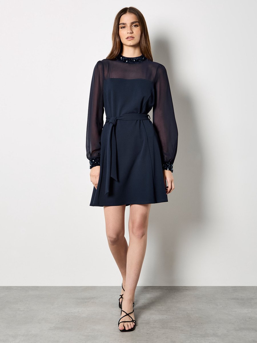 Mini-jurk met ceintuur en paillettenrand