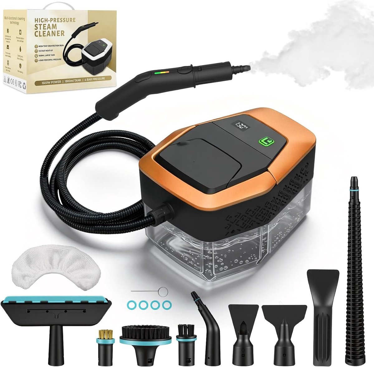 Stoomreiniger - Oranje - Handstoomreiniger - 1500W met 12 accessoires - Voor Thuis, Keuken en Auto