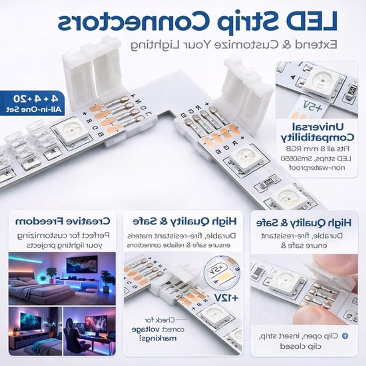 SnelShoppen - 28-Delige LED Strip Connector Set - 4-Pin, L-vormige & T-vormige Stekkers + 20 Clips voor 10mm RGB SMD5050 LED Strips - Perfect voor Fee