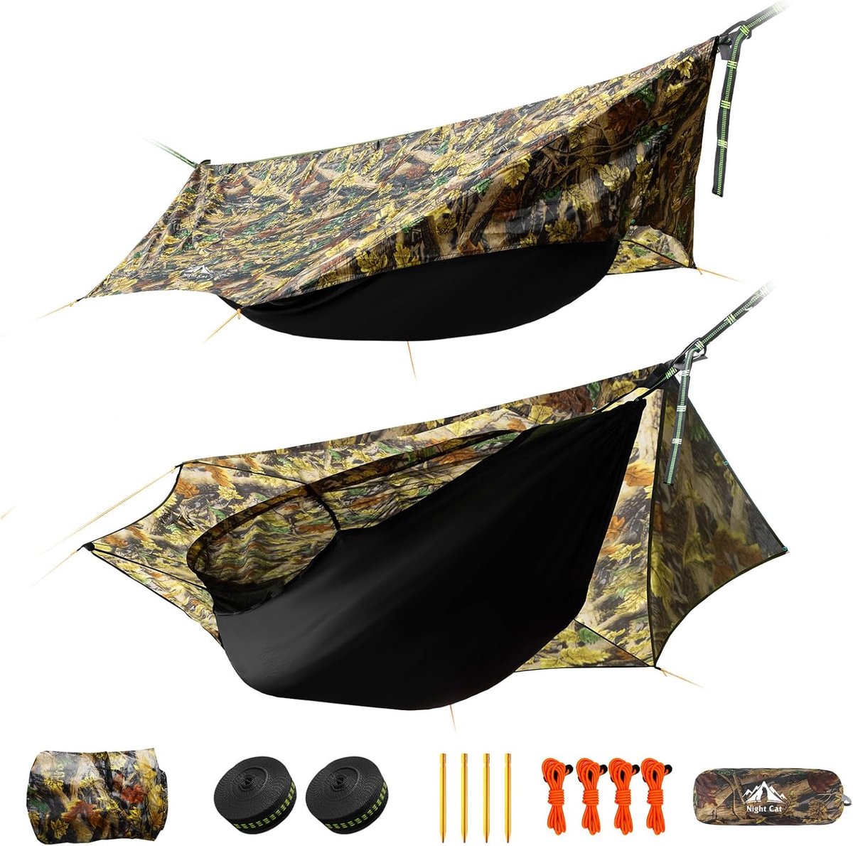 Night Cat Hangmat met muskietennet: eendelige designhangmat met zeildoek - lichtgewicht - draagbaar - voor 1 persoon - kamperen - wandelen