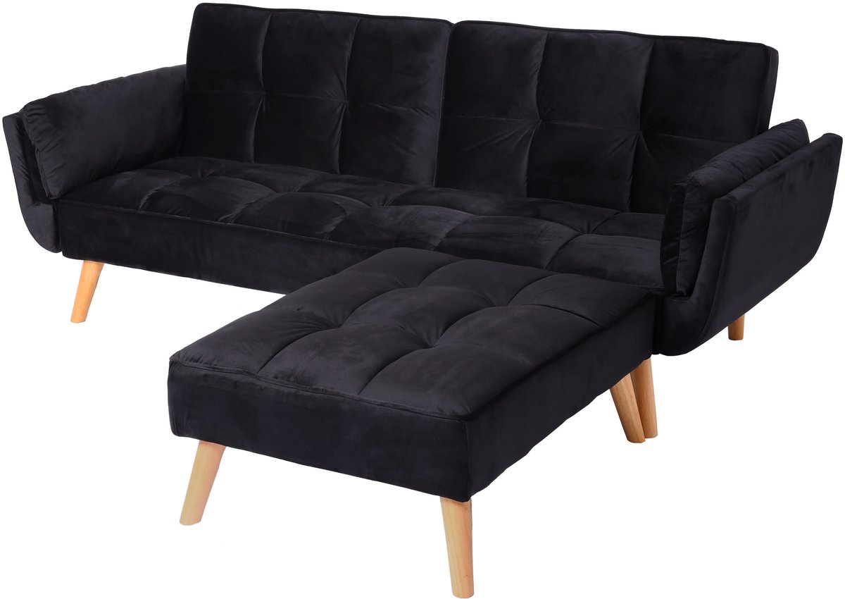 MCW Slaapbank MCW-K18 met voetenbank, slaapbank logeerbed, slaapfunctie 218x175cm ~ fluweel zwart