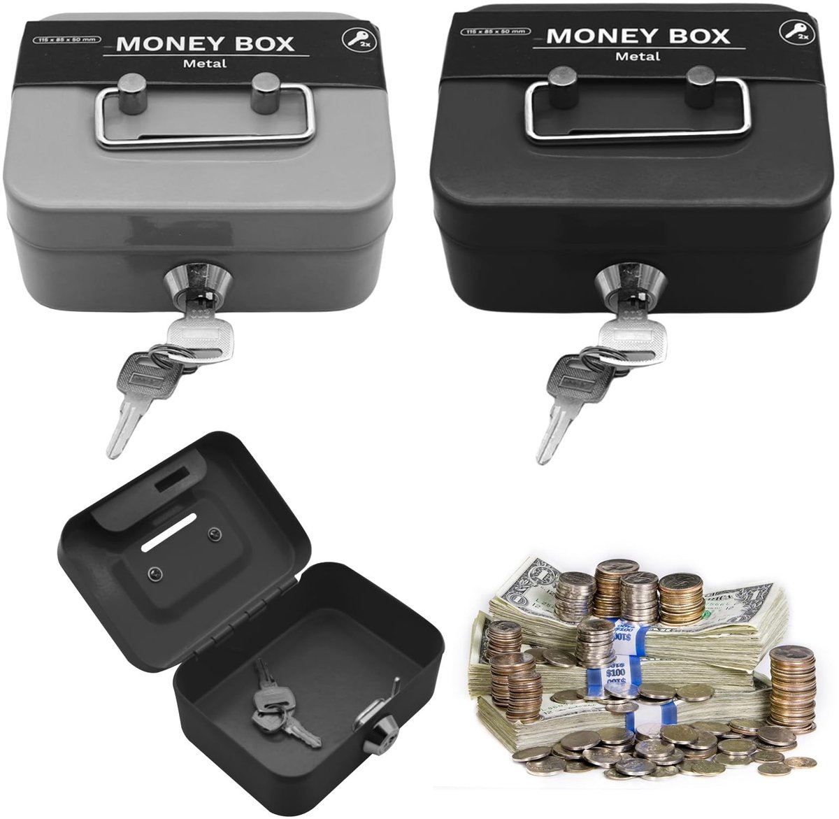 Solidchoice - Set van 2 Afsluitbare Zilveren Geld Dozen met Sleutel