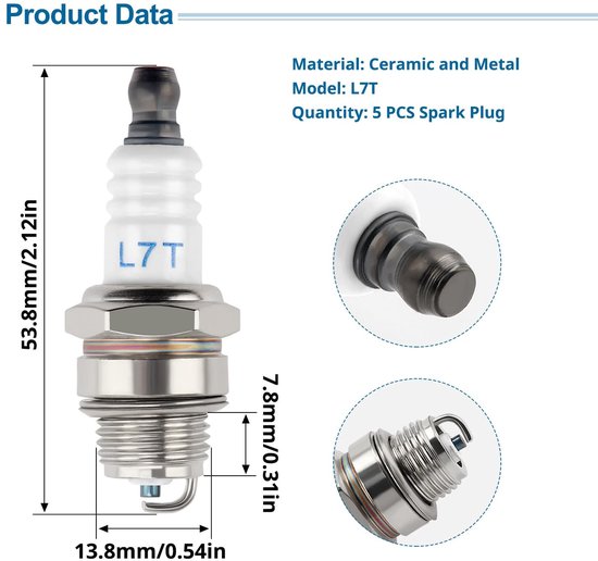 5 Stuks Bougie L7T, Grasmaaier Bougie, BM6A / L7T Bougie Vervanging, 2-takt Bougie, voor Grasmaaier Kettingzaag Grasmaaier Heggenschaar Vervanging Accessoires — afbeelding 5