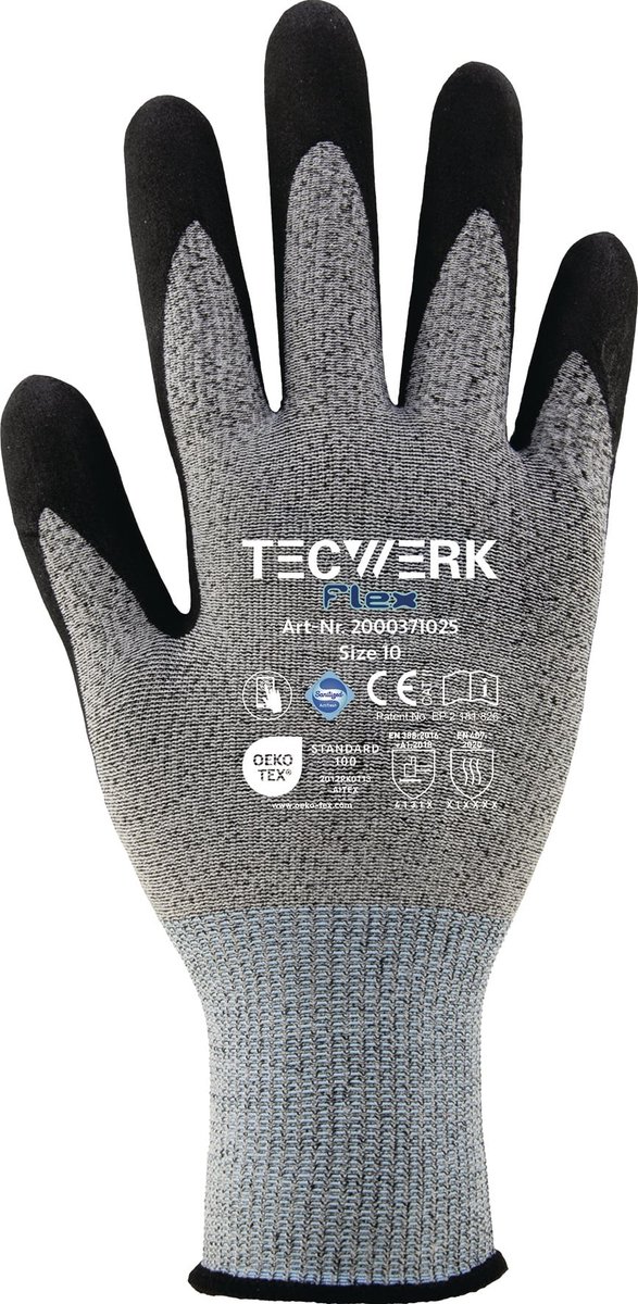 Handschoenen Flex Maat 9 grijs/zwart EN 388 PBM II TECWERK
