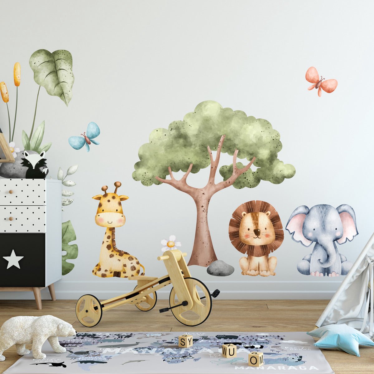Ambiance Sticker Muurstickers - Aquarel Jungle Dieren - Zelfklevende Stickers - 100x150cm Multi color