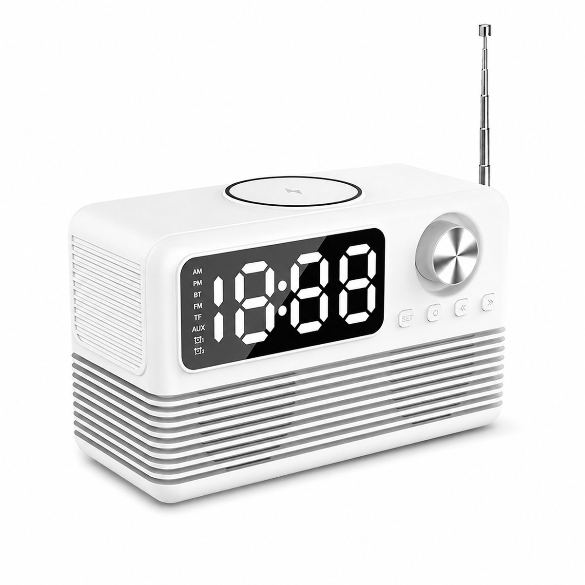 Bobypet - Digitale Wekker met 15W Draadloze Oplader - Bluetooth 5.3 Speaker en FM Radio - Dubbel Alarm met Snooze en Dimbaar LED Scherm - Oplaadbare Radioweekker voor Slaapkamer en Kantoor - Wit