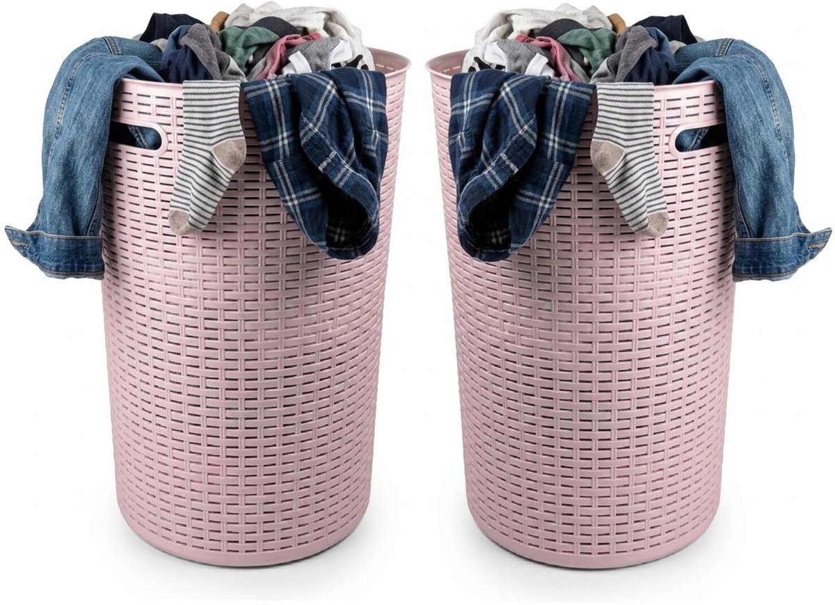 Plasticforte Ronde wasmand Rotan - 2x - roze - gevlochten kunststof - 51 liter - 38 x 57 cm - opbergmanden