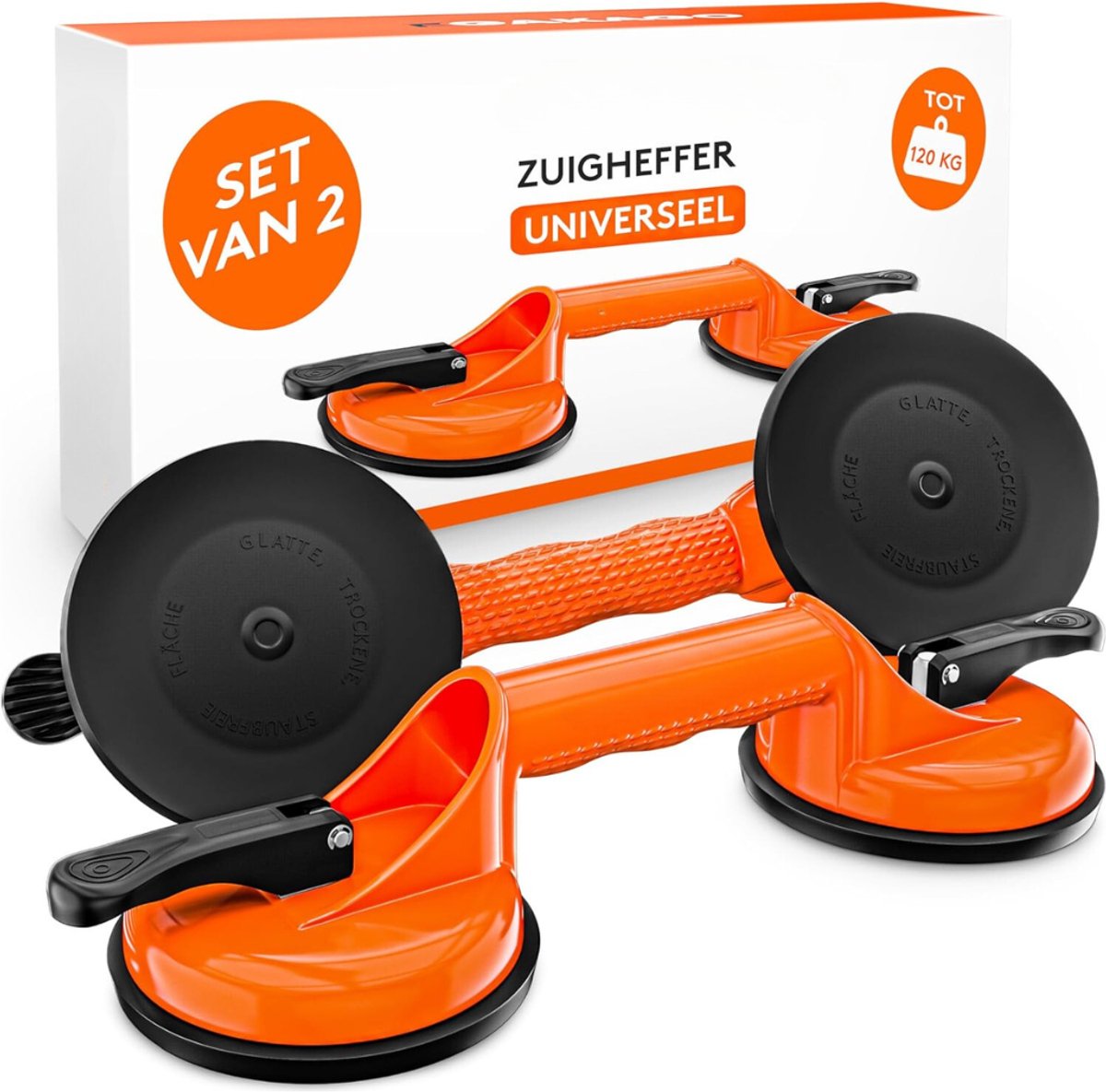 QUOVO® Tegeltiller – Tot 120 KG - Tegeldrager – Verpakking van 2 - Tegellifter - Tegeltiller Vacuum - Tegel zuignap – Voor Tegels, Laminaat, Ramen En Glas - Oranje - 33cmx 12cm x 7cm