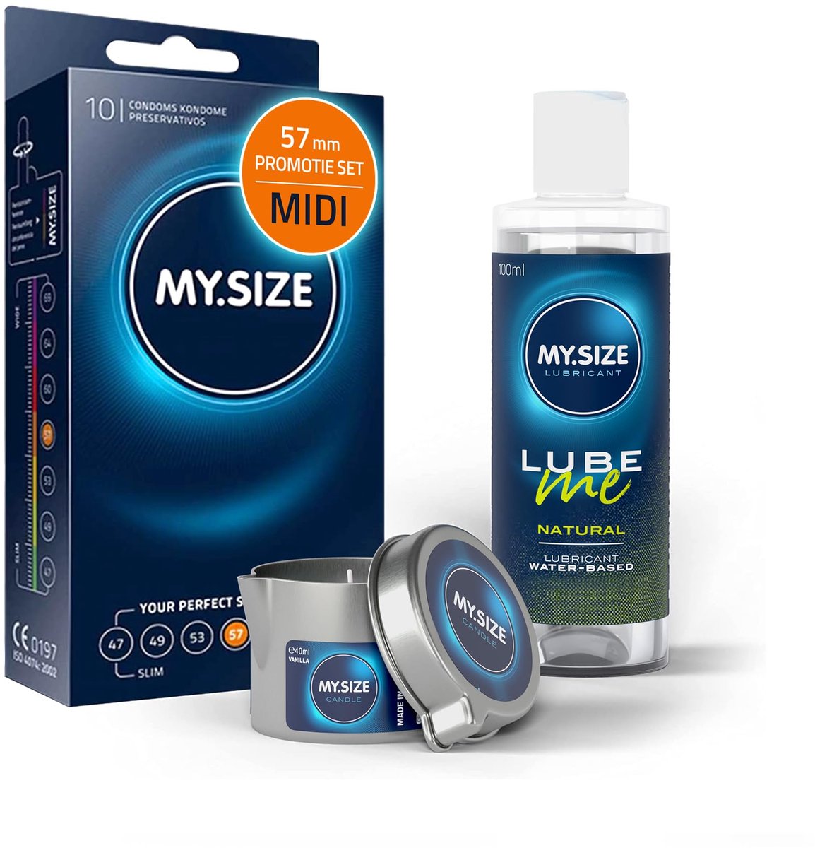 Voordeelverpakking MY.SIZE-condooms 57 mm, pak van 10 + MY.SIZE natuurlijk glijmiddel 100 ml + MY.SIZE-massagekaars