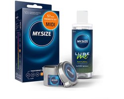 Voordeelverpakking MY.SIZE-condooms 57 mm, pak van 10 + MY.SIZE natuurlijk glijmiddel 100 ml + MY.SIZE-massagekaars