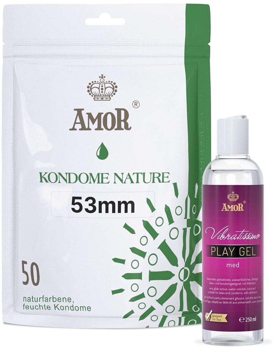 Vibratissimo Play Gel met 250 ml & AMOR Condooms Nature 50-pack I Watergebaseerd glijmiddel & condooms 53mm breed I Glijmiddel Gel voor speeltjes & latex condooms