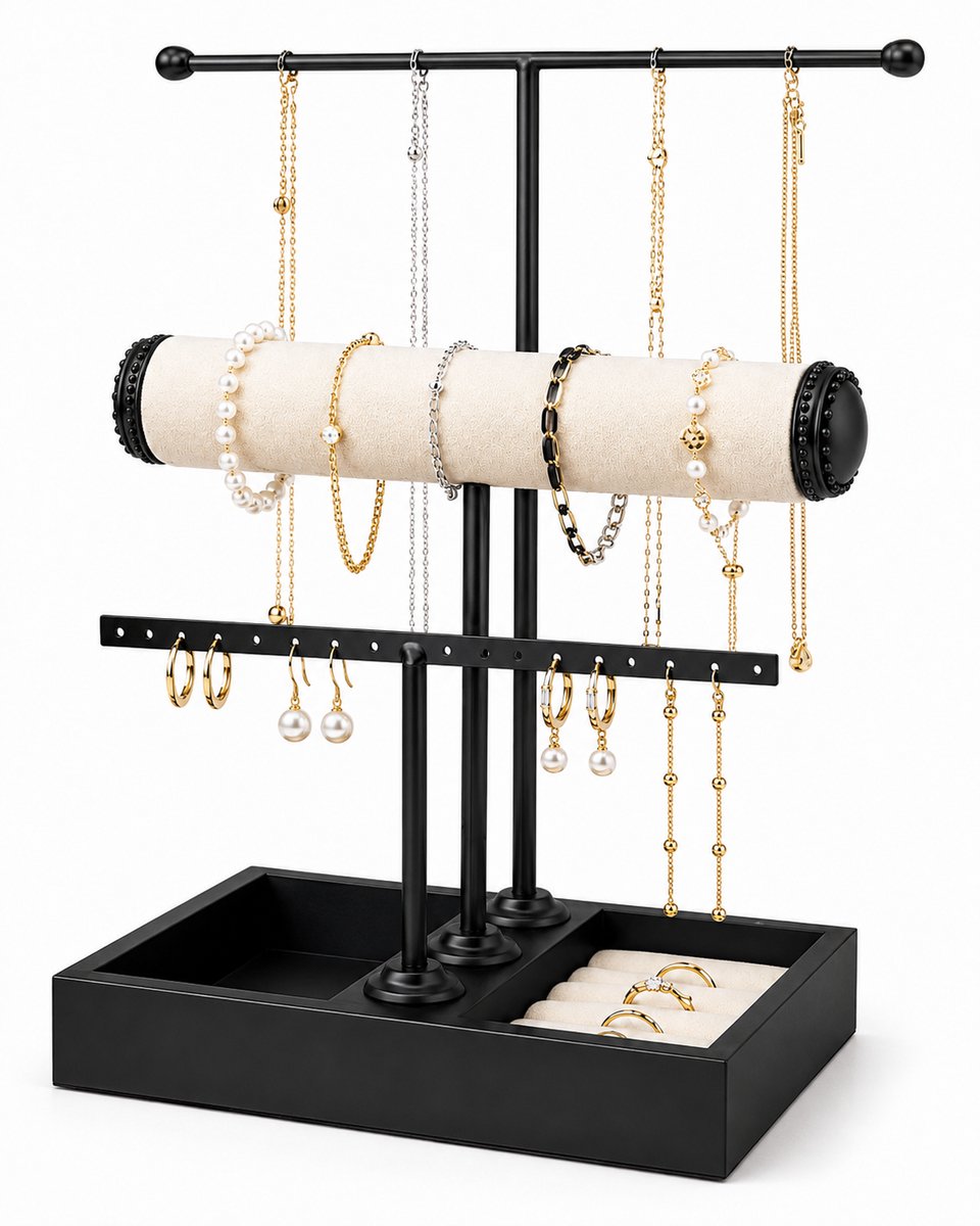 ZoeZo Sieradenrekje - Sieraden Organizer - Oorbellenrekje - Sieradenhouder - Standaard voor Kettingen, Armbanden, Oorbellen, Horloges en Ringen - Zwart