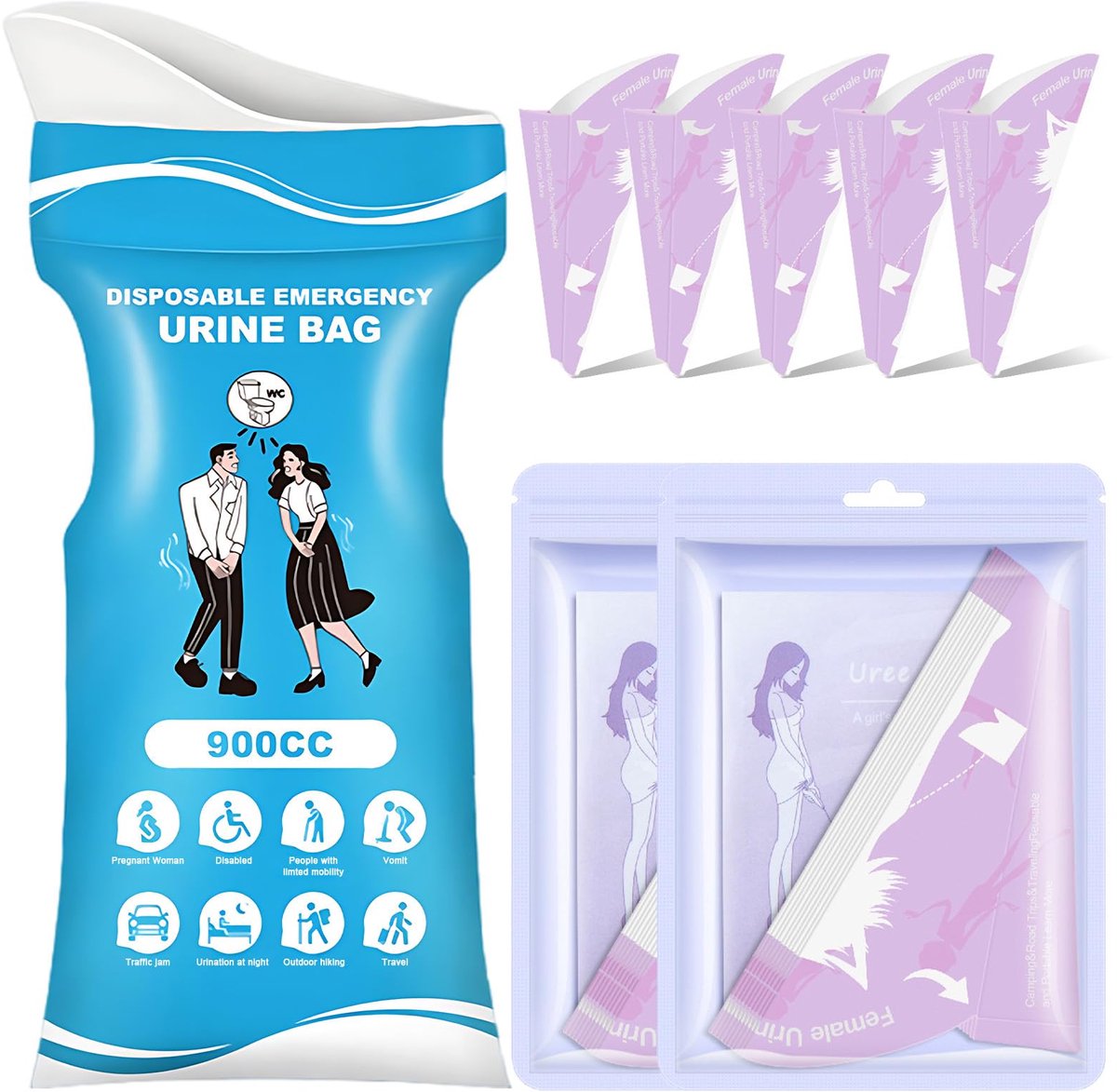 20 stuks urinoir voor vrouwen + 8 stuks urinezakken voor onderweg, 900 ml, voor kamperen - ShopVlot
