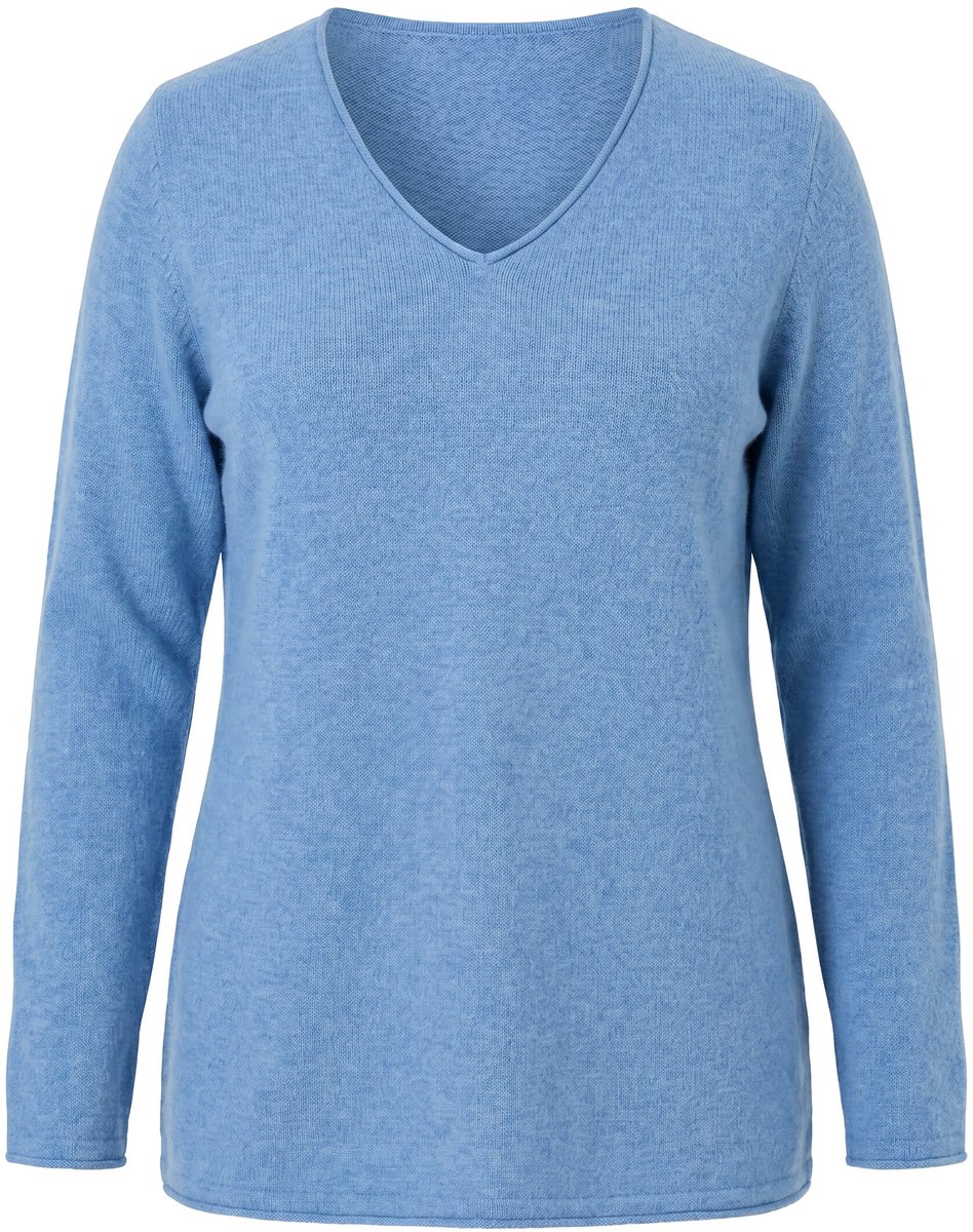 Ulla Popken - Dames - Merino trui rolranden V-hals lange mouw - Lichtblauw - Maat 50+
